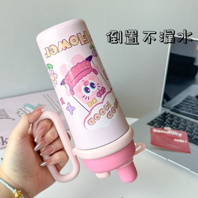 高颜值拼色双饮水杯316不锈钢手柄便携保温杯可爱卡通儿童杯批发图3