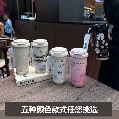 2024新款铃兰咖啡杯高颜值简约风316不锈钢保温杯带吸管双饮水杯图3