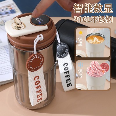 316不锈钢咖啡杯LED智能显温双层保温杯便携提绳车载随行礼品水杯图2
