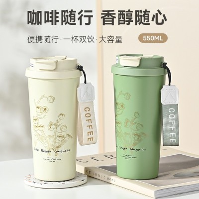 时尚简约不锈钢咖啡杯铃兰花保温杯高颜值办公车载便携双饮吸管杯图2