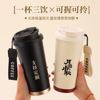 新款316不锈钢铁兰花保温杯高颜值咖啡杯户外便携双饮吸管水杯图3