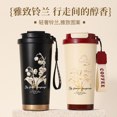 新款316不锈钢铁兰花保温杯高颜值咖啡杯户外便携双饮吸管水杯图2
