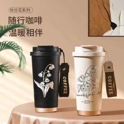 定制真空铃兰花咖啡杯316不锈钢保温杯男女高颜值双饮杯定制logo图2