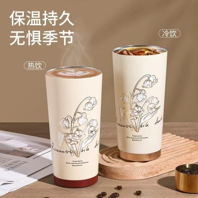 定制真空铃兰花咖啡杯316不锈钢保温杯男女高颜值双饮杯定制logo图3