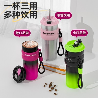 新款316不锈钢保温杯便携高颜值吸管车载双饮咖啡杯男女时尚水杯图2