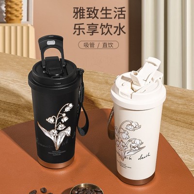 新款316不锈钢真空双层保温便携 车载双饮水杯高颜值铃兰花咖啡杯图5