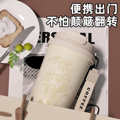 保温杯女生高颜值316不锈钢铃兰双饮咖啡杯便携带吸管水杯子礼品图2