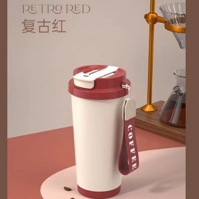 新款316不锈钢保温杯批发 美式双饮咖啡杯 双饮提绳随行杯