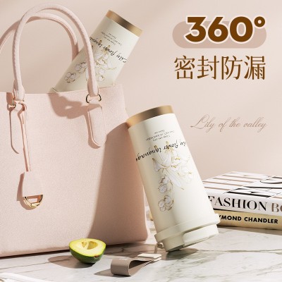 新款316不锈钢保温杯高颜值铃兰花咖啡保温杯便携双饮吸管杯水杯图2