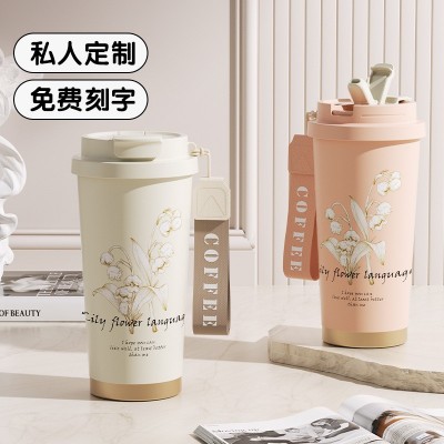 新款316不锈钢保温杯高颜值铃兰花咖啡保温杯便携双饮吸管杯水杯图4