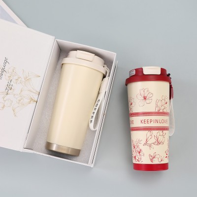 铃兰花高颜值咖啡杯316不锈钢保温杯带提绳双饮水杯礼盒装定 制图3