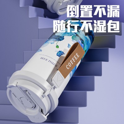 蓝莲花保温杯316不锈钢高颜值便携水杯女生学生可爱手绘吸管杯子