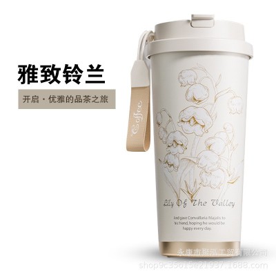 铃兰花保温杯2023新款女生高颜值咖啡杯大容量316不锈钢吸管水杯图5