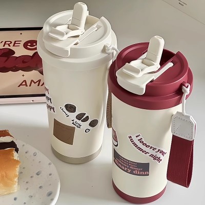 复古咖啡杯316不锈钢保温杯可爱简约办公室水杯子便携随行吸管杯图1