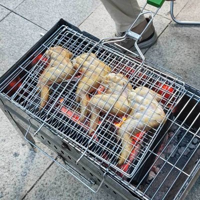 现货不锈钢304烧烤网夹烤鱼鸡肉烧烤架子方形木柄烤网BBQ烧烤工具图3