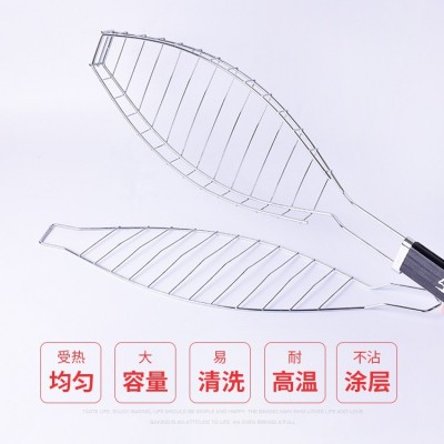 BBQ烧烤用具不锈钢烧烤网烤鱼网夹子烧烤架鱼形木柄烤网户外烤鱼图5