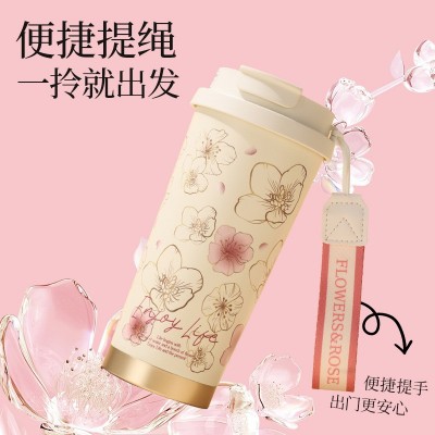 新款316 樱花不锈钢保温杯女高颜值带提绳便携户外吸管双饮咖啡杯图3