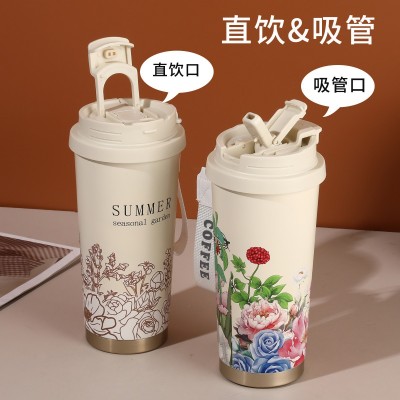 网红爆款铃兰花咖啡杯316不锈钢礼品保温杯双饮男女高颜值吸管杯图2