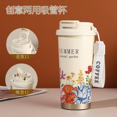网红爆款铃兰花咖啡杯316不锈钢礼品保温杯双饮男女高颜值吸管杯图4
