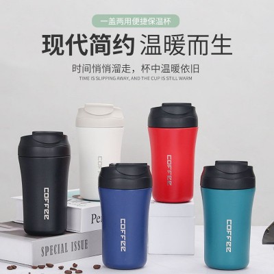 美式新款不锈钢咖啡杯一盖两用双饮保温杯带吸管翻盖弹跳车载水杯图2