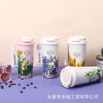 新款印花田园风双饮咖啡杯高颜值女生花茶杯提绳316不锈钢保温杯图2