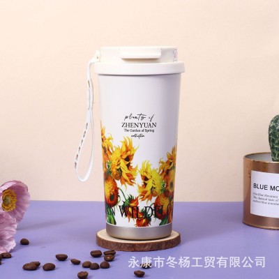 新款印花田园风双饮咖啡杯高颜值女生花茶杯提绳316不锈钢保温杯图3