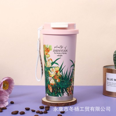 新款印花田园风双饮咖啡杯高颜值女生花茶杯提绳316不锈钢保温杯图4