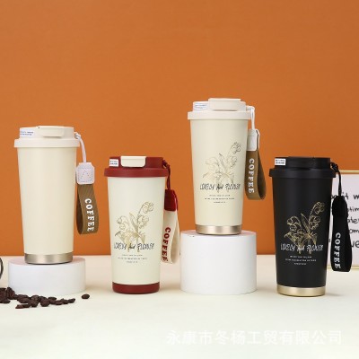 新款铃兰花316不锈钢咖啡杯双层真空保温杯提绳便携商务礼品定 制图2