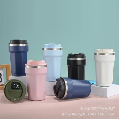 四代新款智能显温咖啡杯304不锈钢保温杯双层真空多色翻盖汽车杯图3