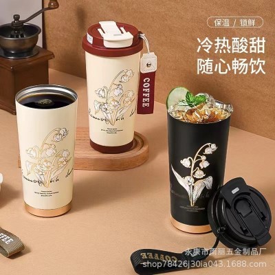 新款316不锈钢陶瓷内胆保温杯 铃兰花高颜值带提绳便携双饮咖啡杯图3