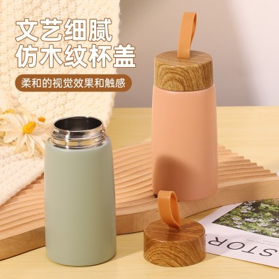 韩版创意木纹304不锈钢保温杯便携小巧迷你学生口袋杯带提绳杯子图2