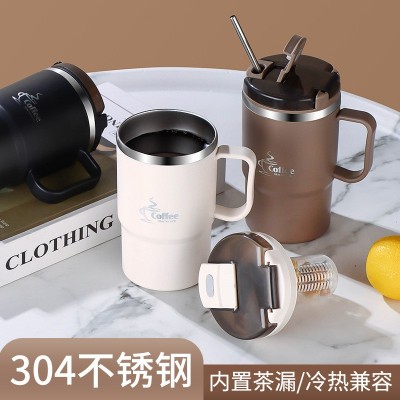 咖啡杯不锈钢带勺高颜值保温杯子大容量带吸管马克杯水杯礼品logo图3