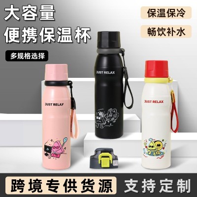 高颜值卡通不锈钢保温杯时尚双饮杯子大容量水杯便携提绳运动水壶图4