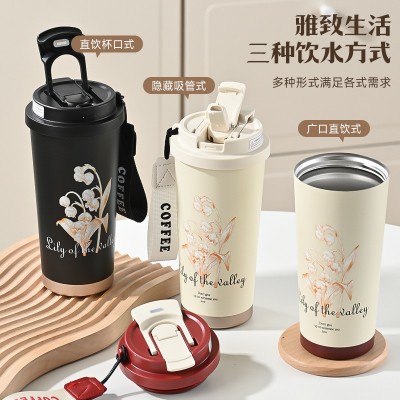 网红316保温杯大容量高颜值吸管杯随行不锈钢水杯双饮铃兰花杯子图2