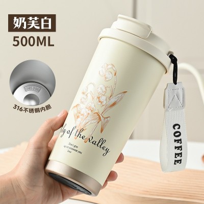 网红316保温杯大容量高颜值吸管杯随行不锈钢水杯双饮铃兰花杯子图3