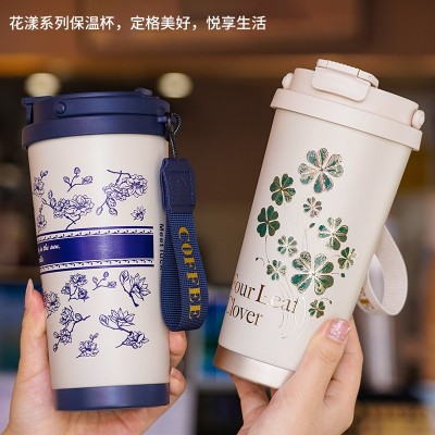 316食品级不锈钢铃兰花咖啡杯双饮吸管便携保温杯带提绳简约水杯图2
