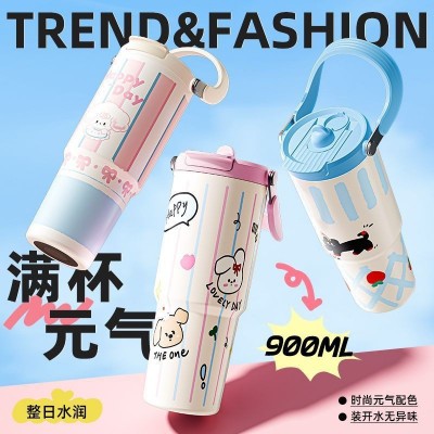 大容量吸管保温杯带提手2024新款高颜值卡通不锈钢水壶便携杯子图2
