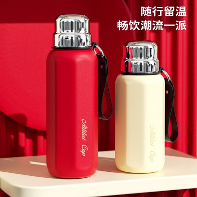新款高颜值316不锈钢大容量弹跳钢盖保温杯便携带提手一杯两用礼