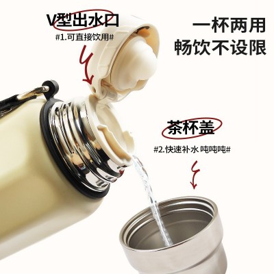 新款高颜值316不锈钢大容量弹跳钢盖保温杯便携带提手一杯两用礼图2