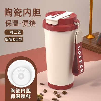 高颜值316不锈钢保温杯不显温陶瓷双饮咖啡杯车载大容量吸管水杯图4