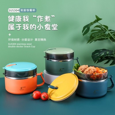 304不锈钢泡面碗带盖学生便携泡面杯密封分格便当盒宿舍快餐杯图2