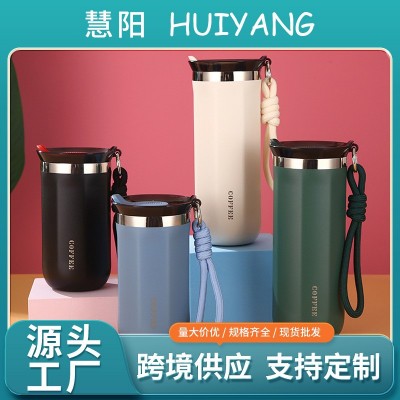 跨境外贸304不锈钢保温杯双层真空提绳咖啡杯户外便携运动水壶图2