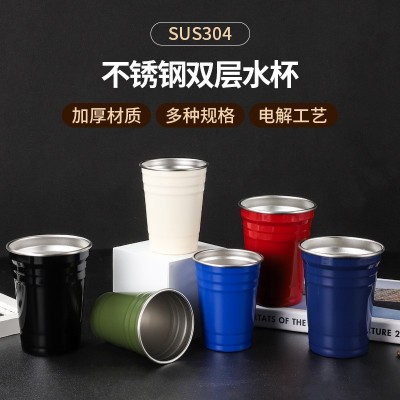 跨境简约304不锈钢双层彩色啤酒杯电解加厚阶梯杯户外露营咖啡杯图2