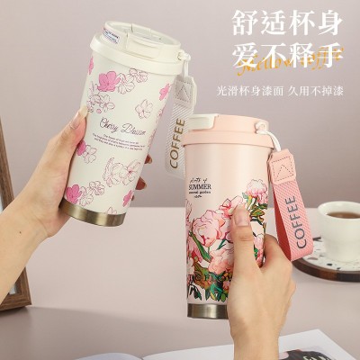 铃兰花车载咖啡杯双饮不锈钢保温杯女水杯高颜值随行印花水杯图1