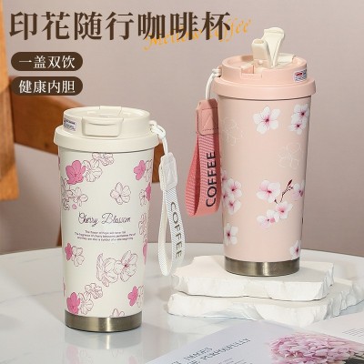 铃兰花车载咖啡杯双饮不锈钢保温杯女水杯高颜值随行印花水杯图3