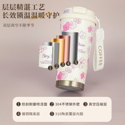 铃兰花车载咖啡杯双饮不锈钢保温杯女水杯高颜值随行印花水杯图2