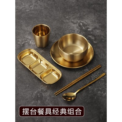 韩式不锈钢烤肉店餐具用餐碗碟盘套装火锅店商用创意摆台金色餐具图4