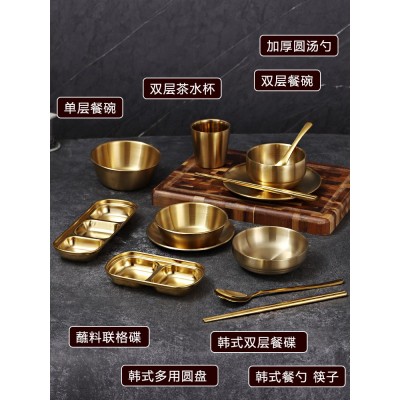 韩式不锈钢烤肉店餐具用餐碗碟盘套装火锅店商用创意摆台金色餐具图2