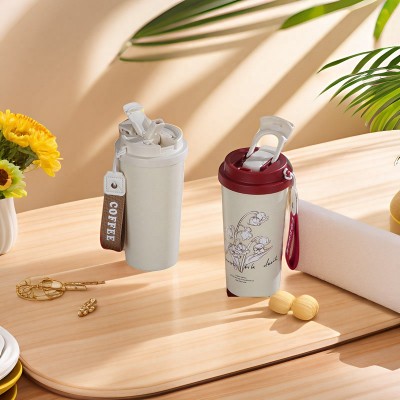 高颜值双饮咖啡杯304不锈钢保温杯水杯车载吸管杯简约陶瓷礼品图3