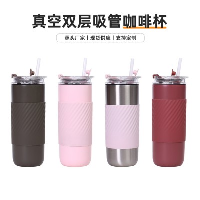 新款双层真空不锈钢咖啡杯户外便携车载随行保温杯水杯带硅胶杯套图3